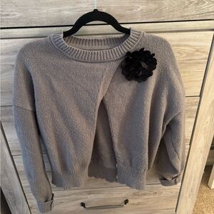 Gray Sweater with Black Flower Accent